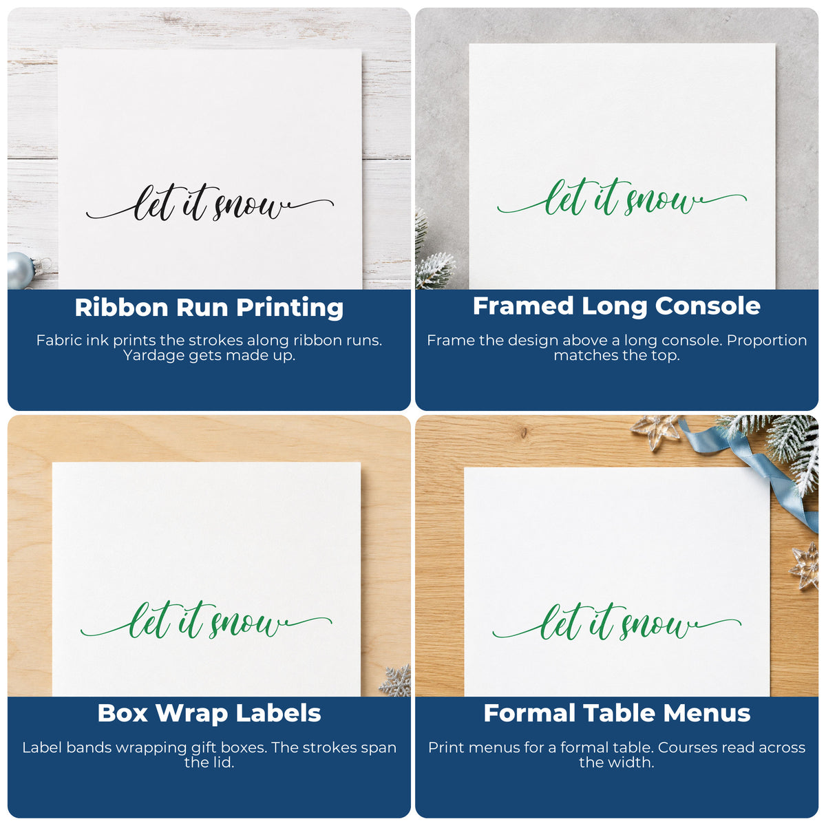 Four ways to use the Let It Snow Flourished Line PSI Pre-Inked Stamp: ribbon run printing, framed long console, box wrap labels and formal table menus.