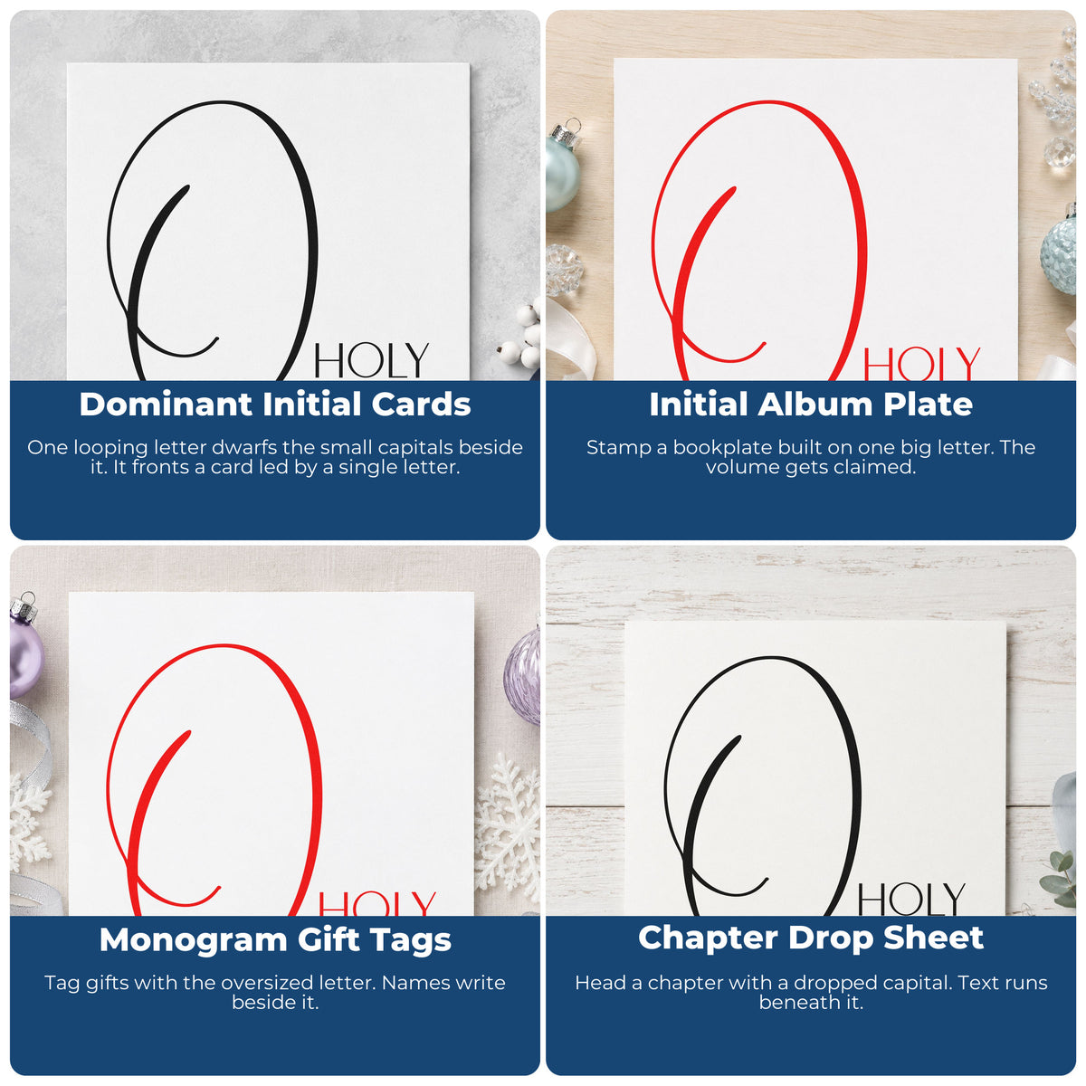 Four ways to use the O Holy Night Flourished O Block Lettering Stamp – PSI Pre-Inked: dominant initial cards, initial album plate, monogram gift tags and chapter drop sheet.
