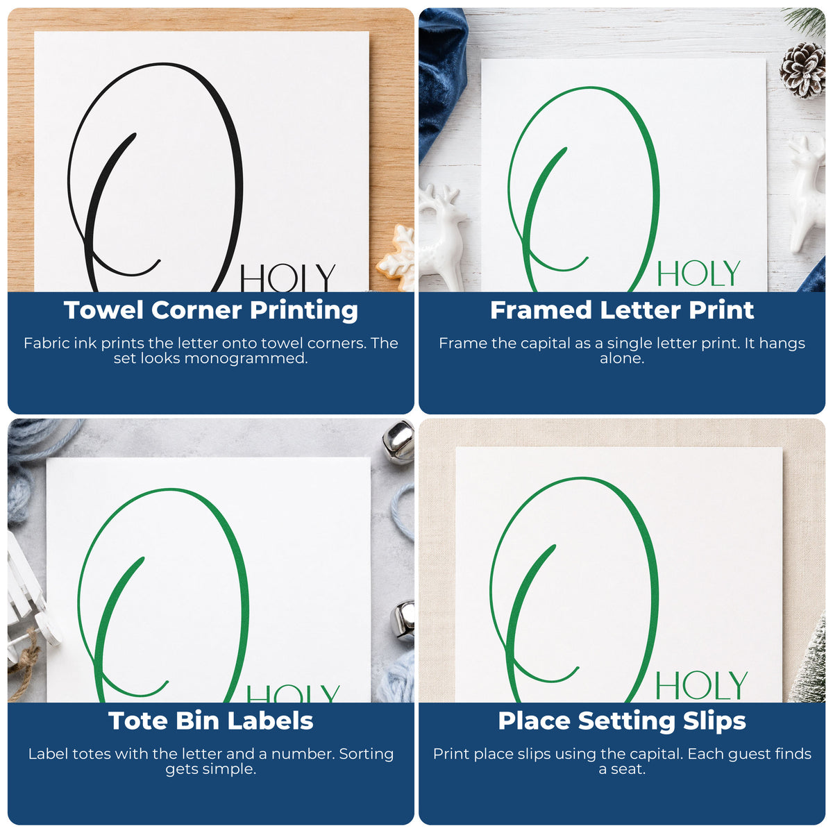 Four ways to use the O Holy Night Flourished O Block Lettering Stamp – PSI Pre-Inked: towel corner printing, framed letter print, tote bin labels and place setting slips.