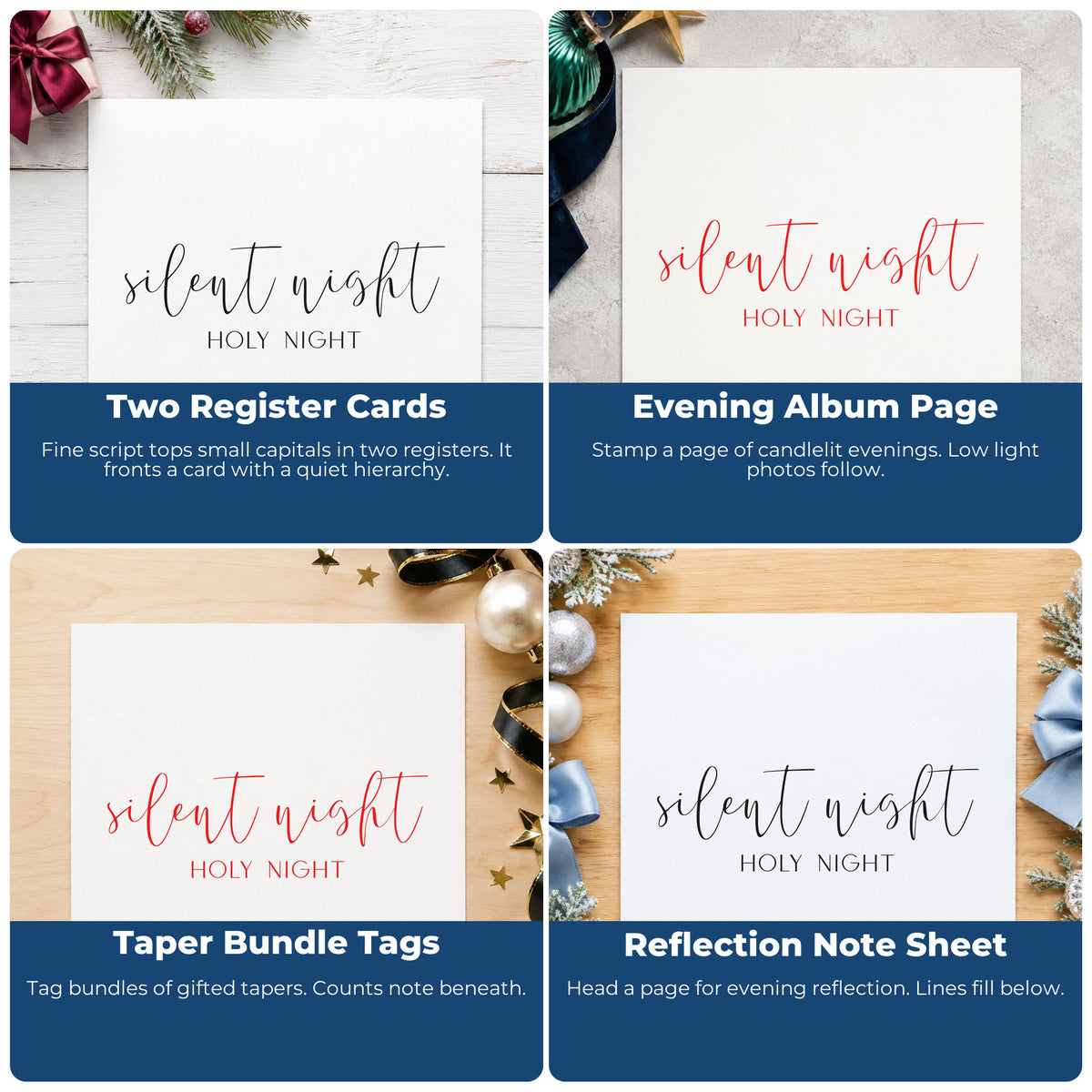 Four ways to use the Silent Night Holy Night Script Stamp – Self-Inking: two register cards, evening album page, taper bundle tags and reflection note sheet.