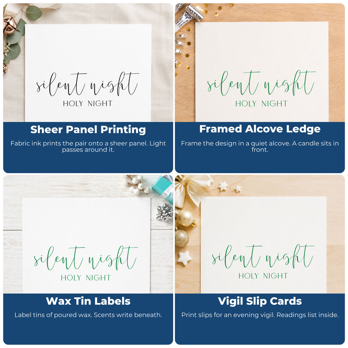 Four ways to use the Silent Night Holy Night Script Rubber Stamp – Wood Handle: sheer panel printing, framed alcove ledge, wax tin labels and vigil slip cards.