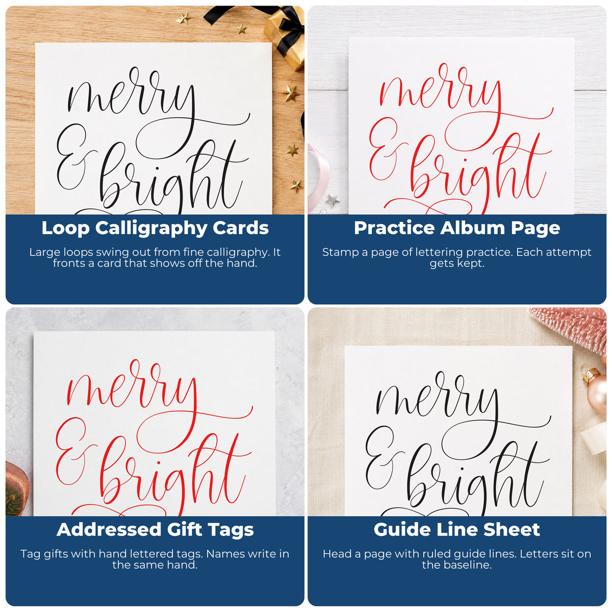 Four ways to use the Merry And Bright Looped Script Lettering Slim Pre-Inked Stamp: loop calligraphy cards, practice album page, addressed gift tags and guide line sheet.