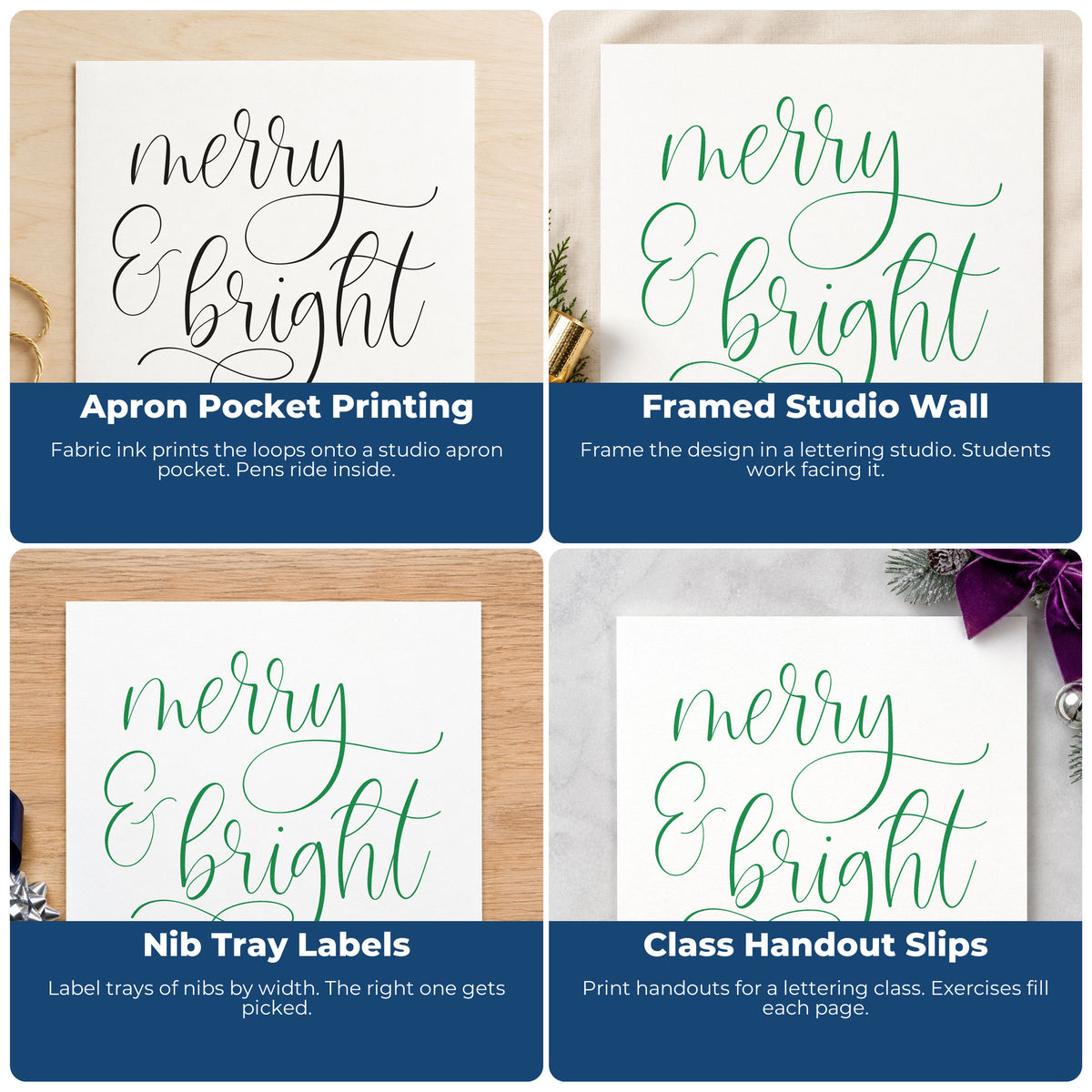 Four ways to use the Merry And Bright Looped Script Lettering Rubber Stamp – Duo Hand: apron pocket printing, framed studio wall, nib tray labels and class handout slips.