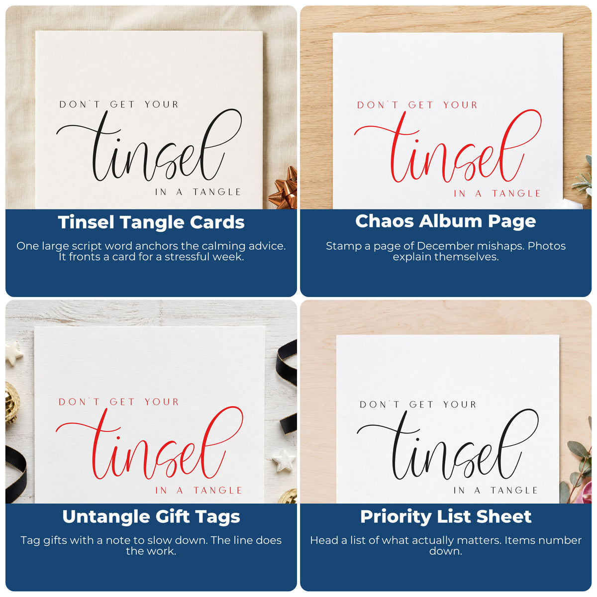 Four ways to use the Don't Get Tinsel Tangled Craft Stamp – Self-Inking: tinsel tangle cards, chaos album page, untangle gift tags and priority list sheet.