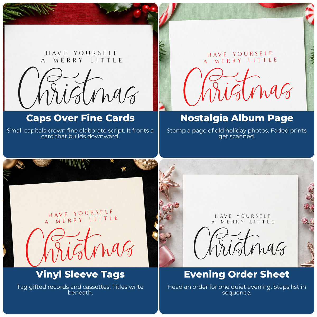 Four ways to use the Merry Little Christmas Calligraphy Script Lettering Compact Pre-Inked Stamp – Slim: caps over fine cards, nostalgia album page, vinyl sleeve tags and evening order sheet.