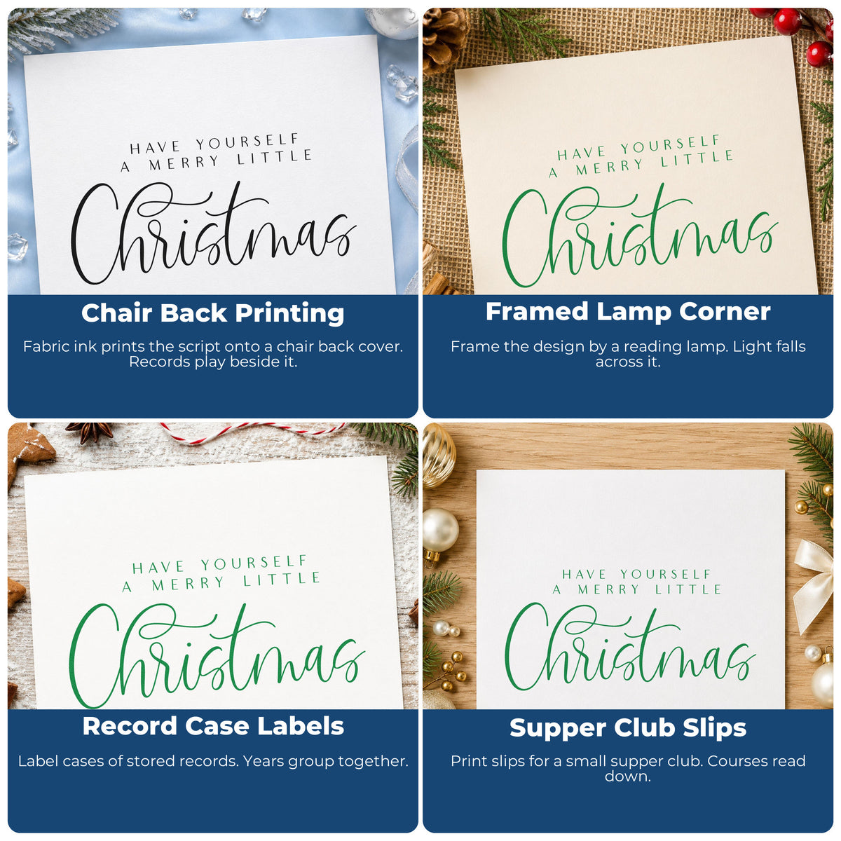 Four ways to use the Merry Little Christmas Calligraphy Script Lettering Compact Pre-Inked Stamp – Slim: chair back printing, framed lamp corner, record case labels and supper club slips.