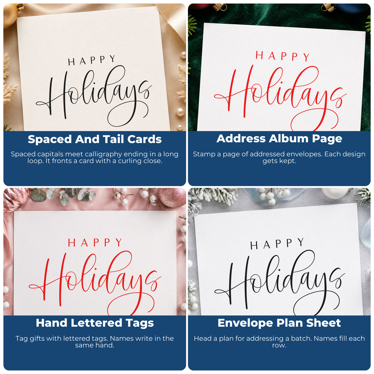 Four ways to use the PSI Pre-Inked Happy Holidays Thin Calligraphy Stamp: spaced and tail cards, address album page, hand lettered tags and envelope plan sheet.
