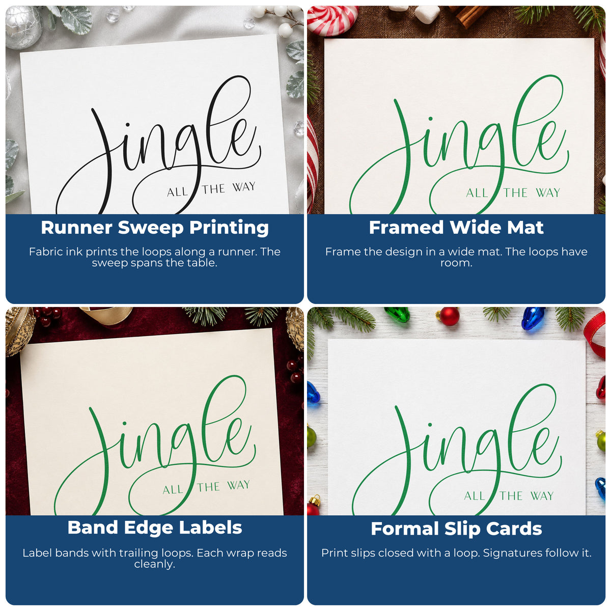Four ways to use the Jingle All The Way Calligraphy Self-Inking Craft Stamp: runner sweep printing, framed wide mat, band edge labels and formal slip cards.