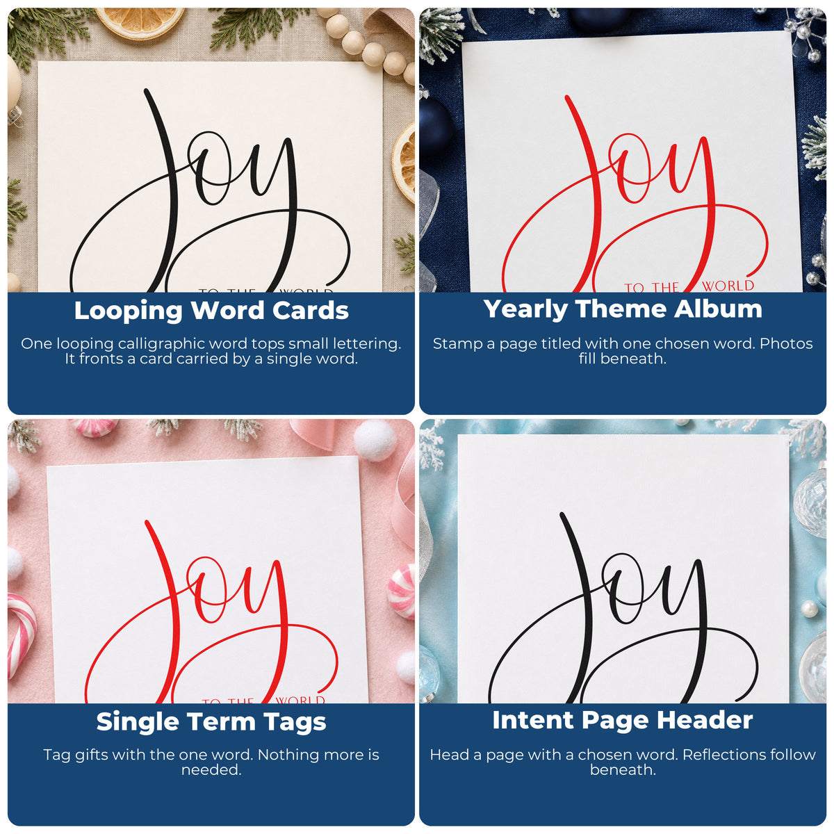 Four ways to use the Joy To The World Loops Pre-Inked Stamp – Slim: looping word cards, yearly theme album, single term tags and intent page header.
