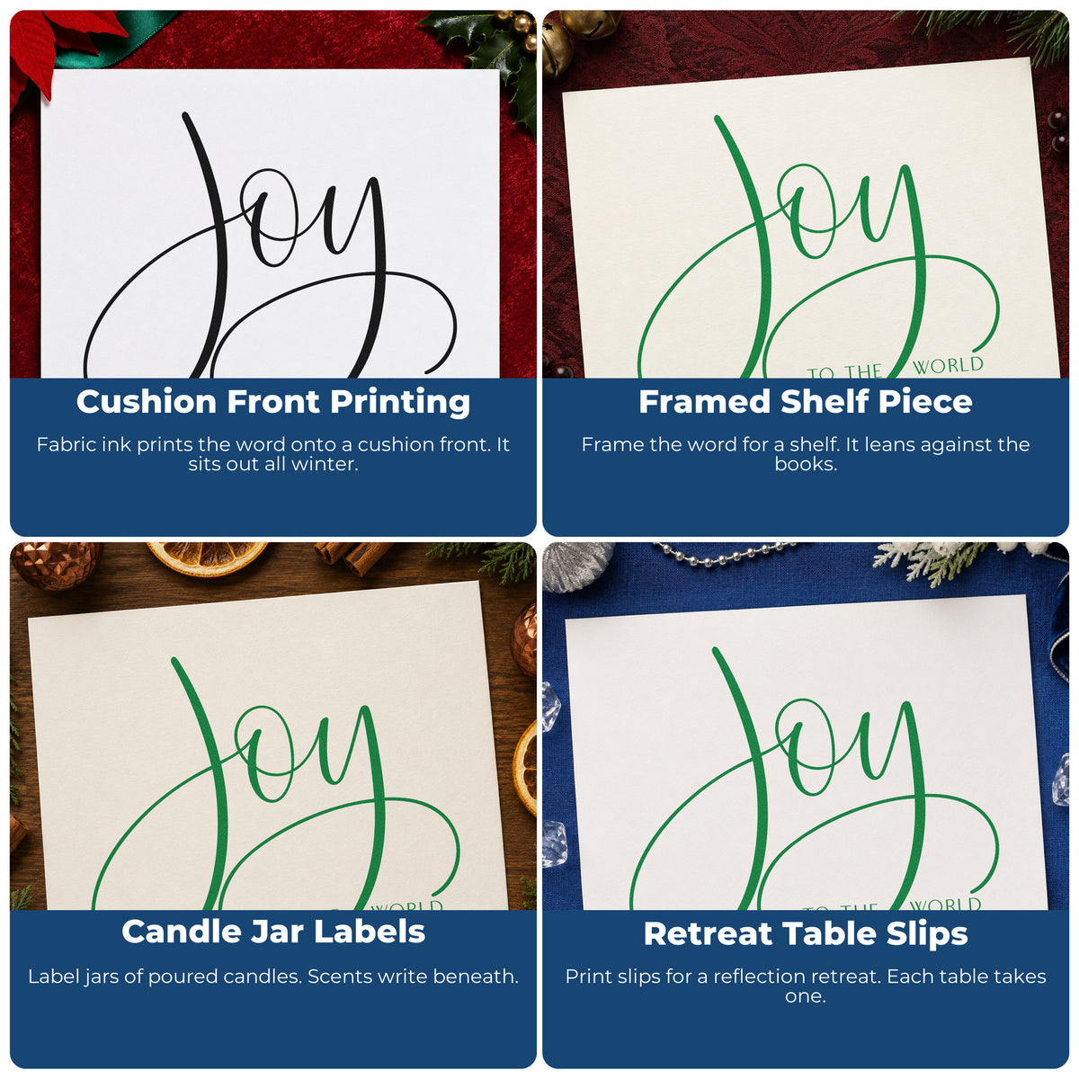 Four ways to use the Joy To The World Loops Pre-Inked Stamp – Slim: cushion front printing, framed shelf piece, candle jar labels and retreat table slips.