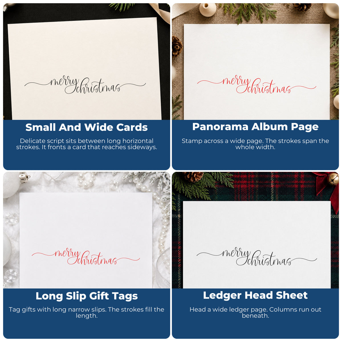 Four ways to use the Merry Christmas Script Lettering Rubber Stamp – Wood Handle: small and wide cards, panorama album page, long slip gift tags and ledger head sheet.