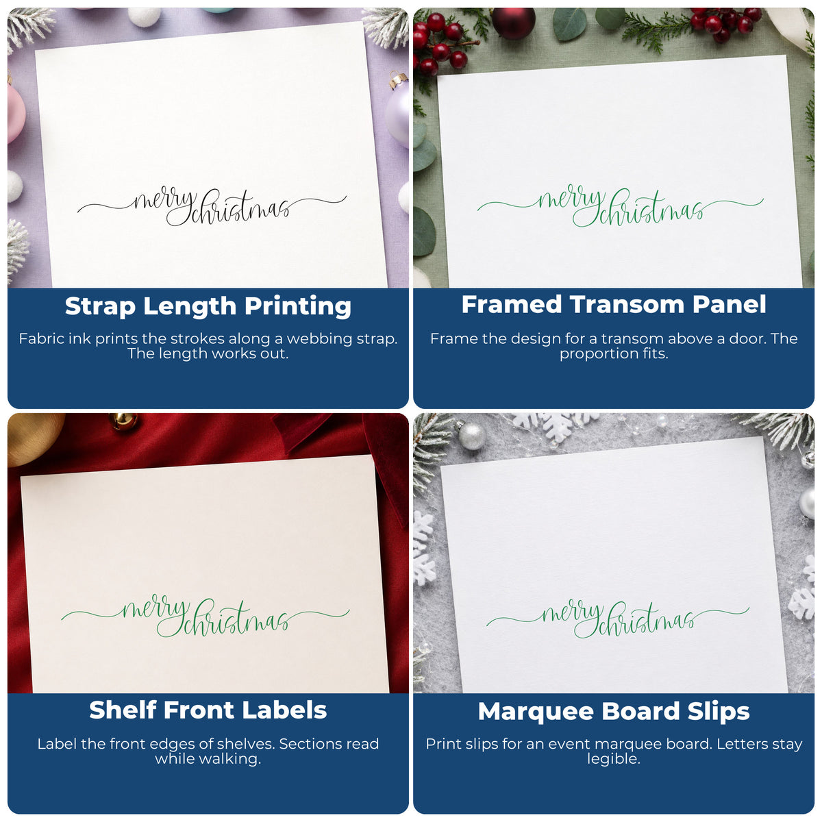 Four ways to use the Merry Christmas Script Lettering Rubber Stamp – Wood Handle: strap length printing, framed transom panel, shelf front labels and marquee board slips.