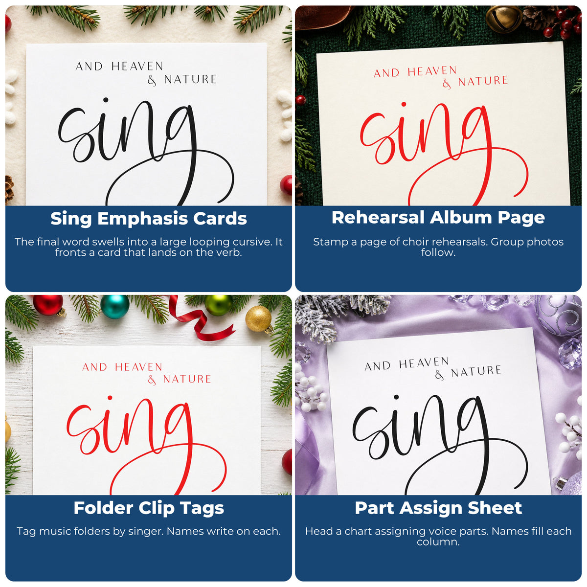 Four ways to use the Heaven And Nature Sing Stamp – Self-Inking: sing emphasis cards, rehearsal album page, folder clip tags and part assign sheet.