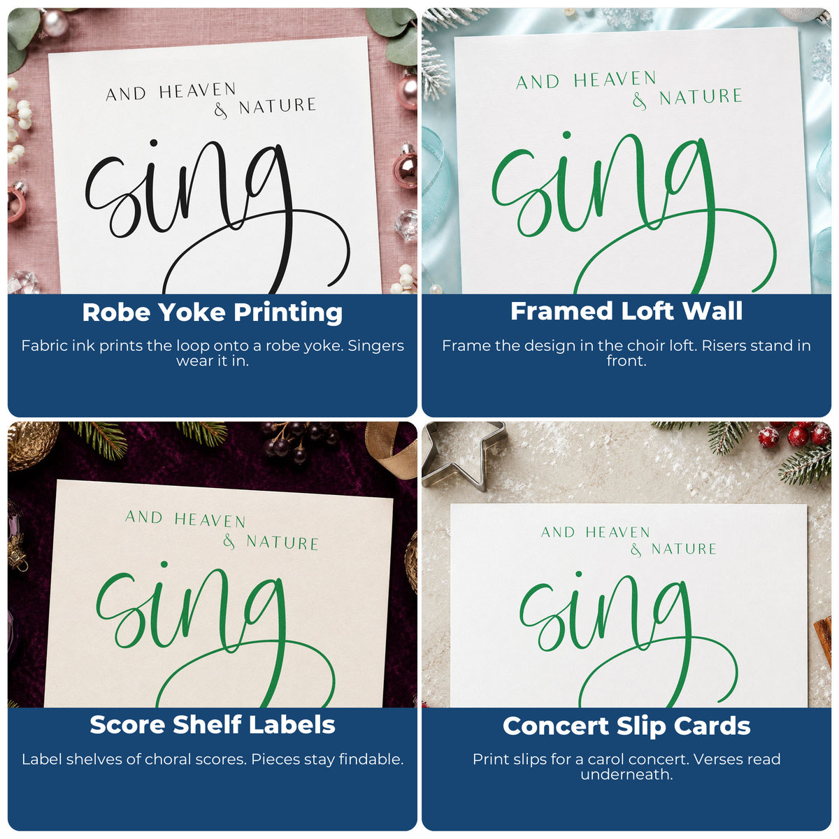 Four ways to use the Heaven And Nature Sing Stamp – Self-Inking: robe yoke printing, framed loft wall, score shelf labels and concert slip cards.