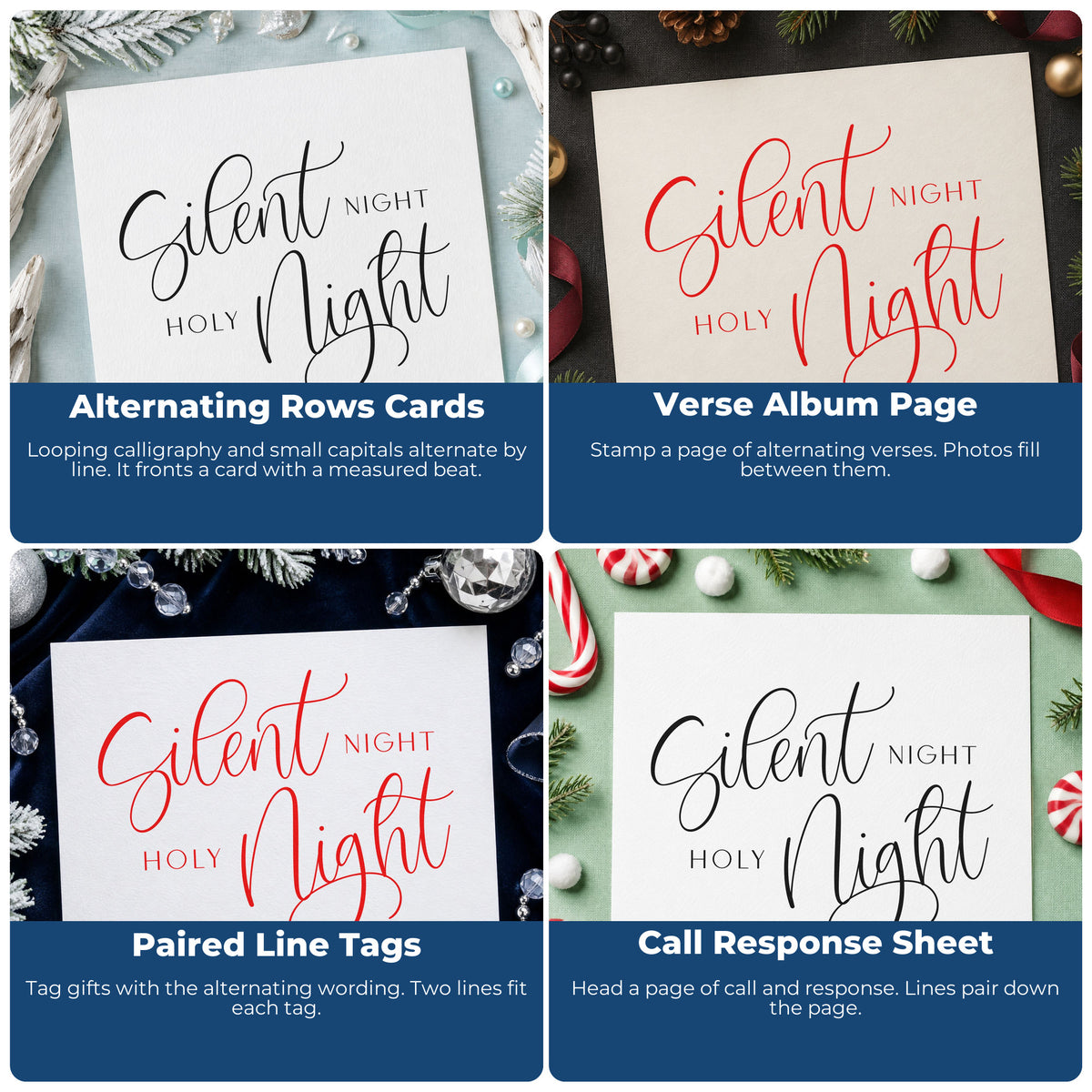Four ways to use the Duo Hand Silent Night Holy Night Calligraphy Block Lettering Rubber Stamp: alternating rows cards, verse album page, paired line tags and call response sheet.