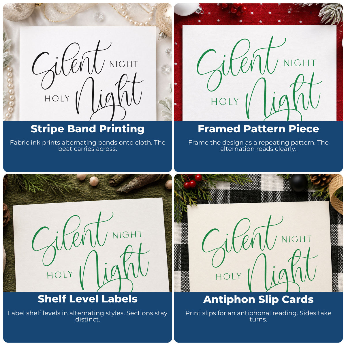 Four ways to use the Silent Night Holy Night Calligraphy Block Lettering Wood Handle Stamp: stripe band printing, framed pattern piece, shelf level labels and antiphon slip cards.
