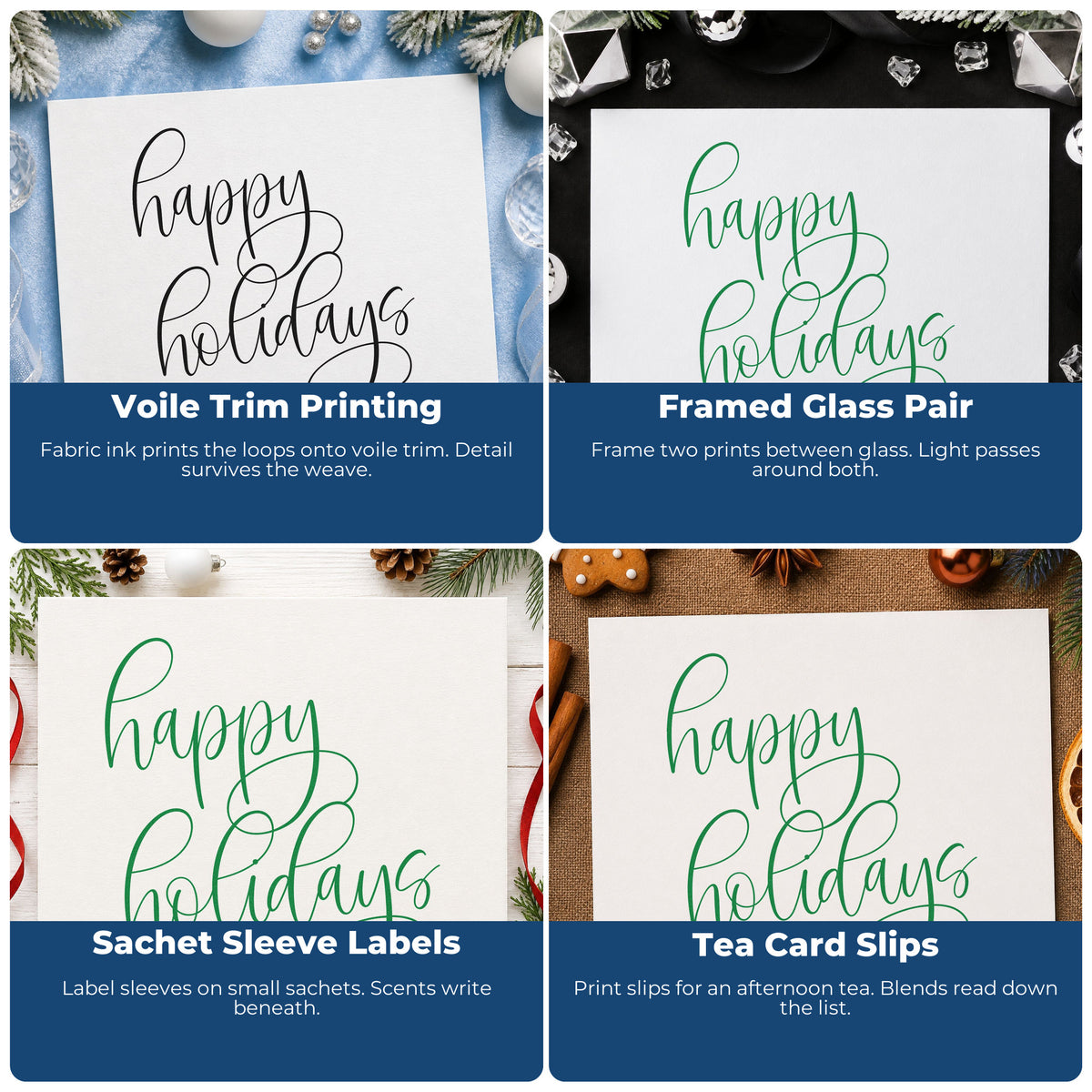 Four ways to use the Vintage Pro Happy Holidays Flourished Calligraphy Premium Wooden Stamp: voile trim printing, framed glass pair, sachet sleeve labels and tea card slips.