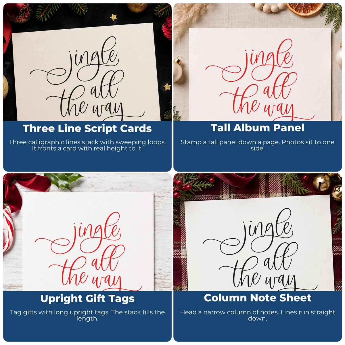 Four ways to use the Jingle All The Way Loops Rubber Stamp – Wood Handle: three line script cards, tall album panel, upright gift tags and column note sheet.