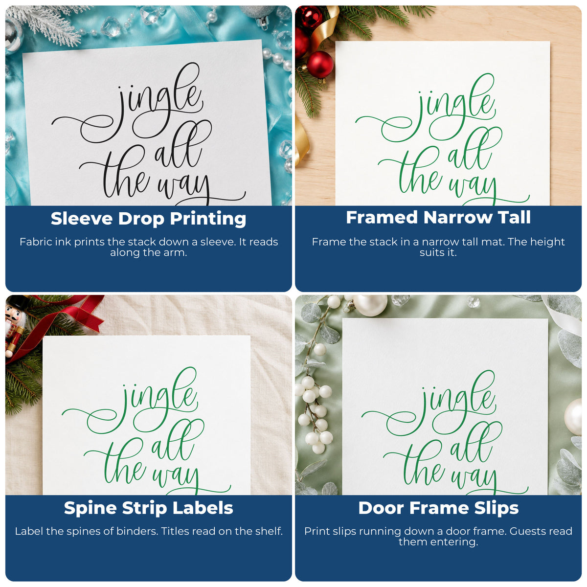 Four ways to use the Jingle All The Way Loops Craft Stamp – Self-Inking: sleeve drop printing, framed narrow tall, spine strip labels and door frame slips.