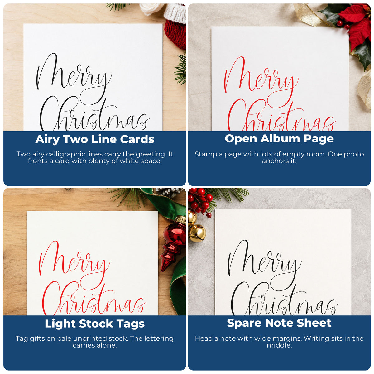 Four ways to use the Merry Christmas Airy Calligraphy Compact Pre-Inked Stamp – Slim: airy two line cards, open album page, light stock tags and spare note sheet.