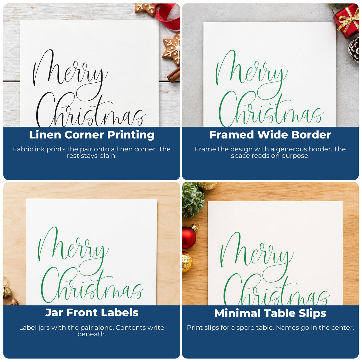 Four ways to use the Merry Christmas Airy Calligraphy Compact Pre-Inked Stamp – Slim: linen corner printing, framed wide border, jar front labels and minimal table slips.