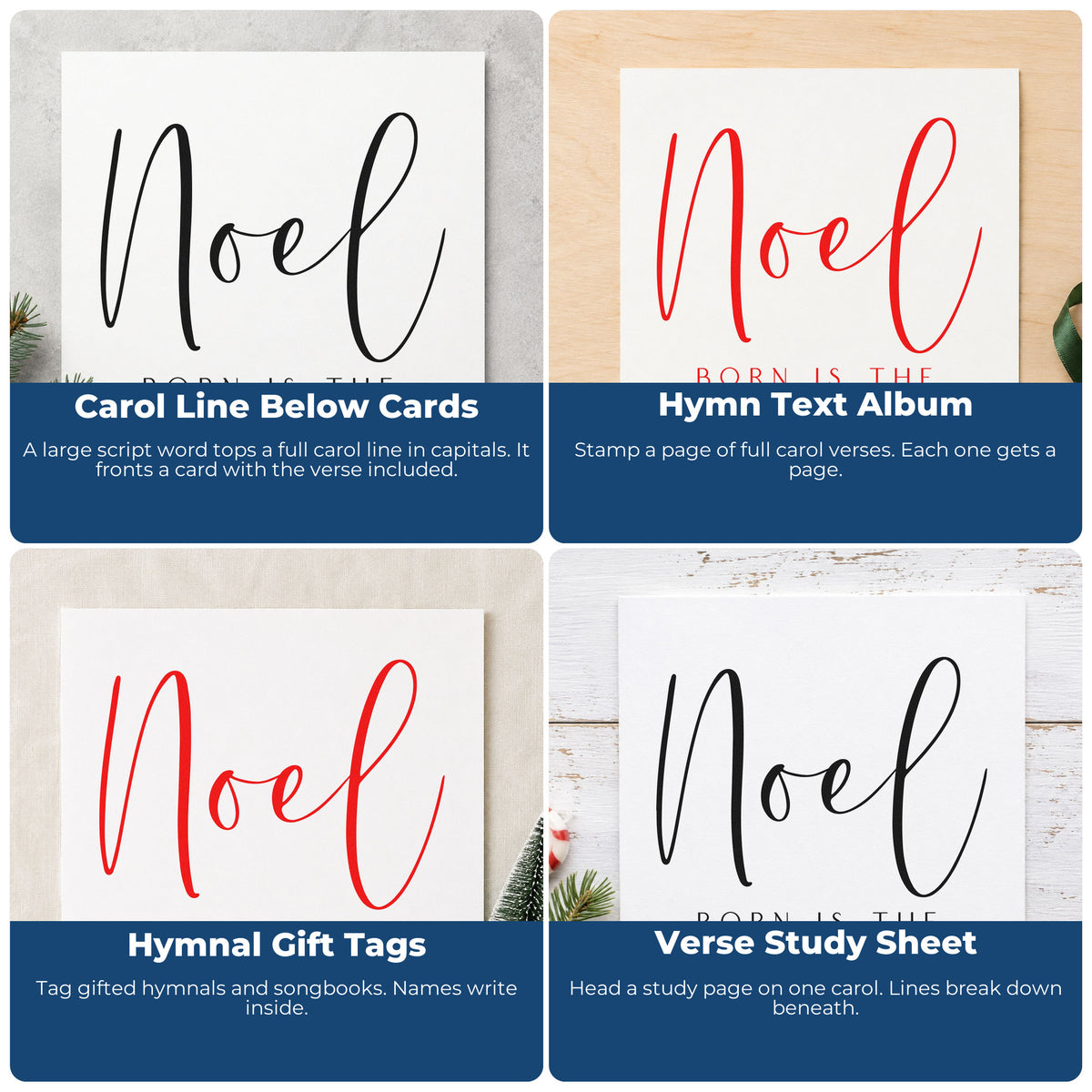 Four ways to use the Noel King Of Israel Rubber Stamp – Wood Handle: carol line below cards, hymn text album, hymnal gift tags and verse study sheet.