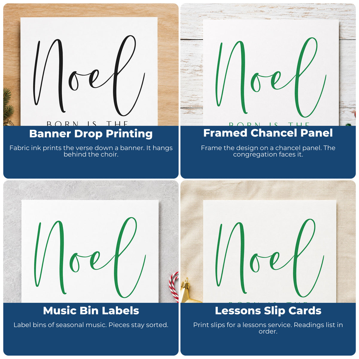 Four ways to use the Noel King Of Israel Rubber Stamp – Wood Handle: banner drop printing, framed chancel panel, music bin labels and lessons slip cards.
