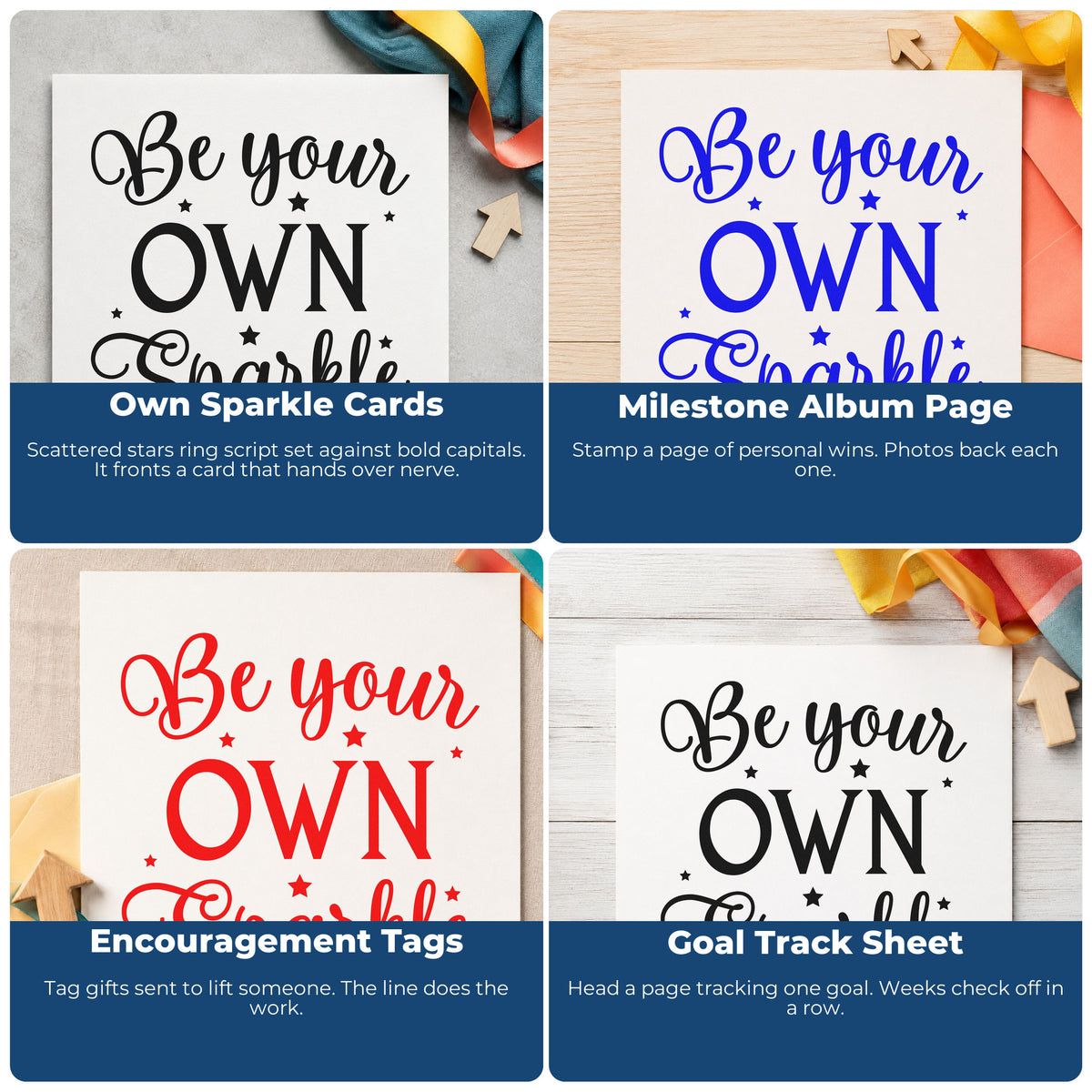 Four ways to use the Be Your Own Sparkle Self-Inking Stamp: own sparkle cards, milestone album page, encouragement tags and goal track sheet.