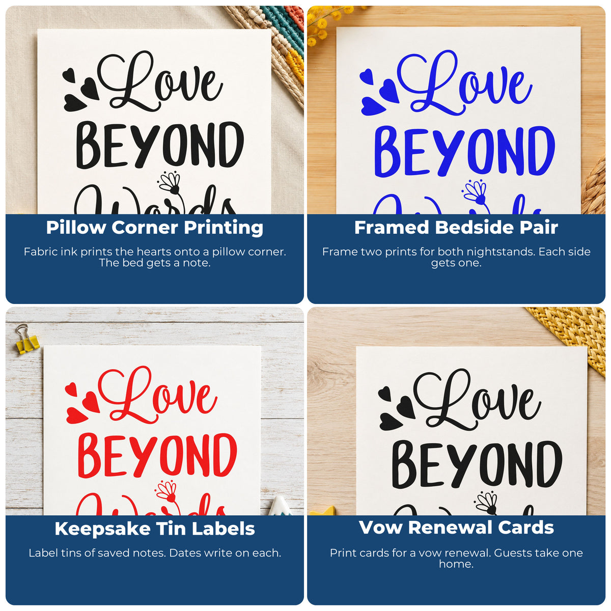 Four ways to use the Self-Inking Love Beyond Words Stamp: pillow corner printing, framed bedside pair, keepsake tin labels and vow renewal cards.