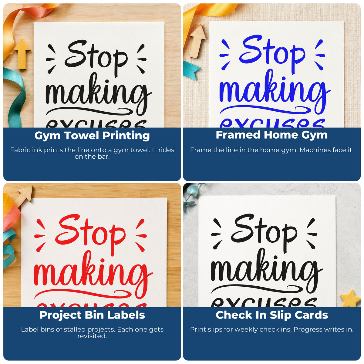 Four ways to use the Wood Handle Stop Making Excuses Lettering Rubber Stamp: gym towel printing, framed home gym, project bin labels and check in slip cards.