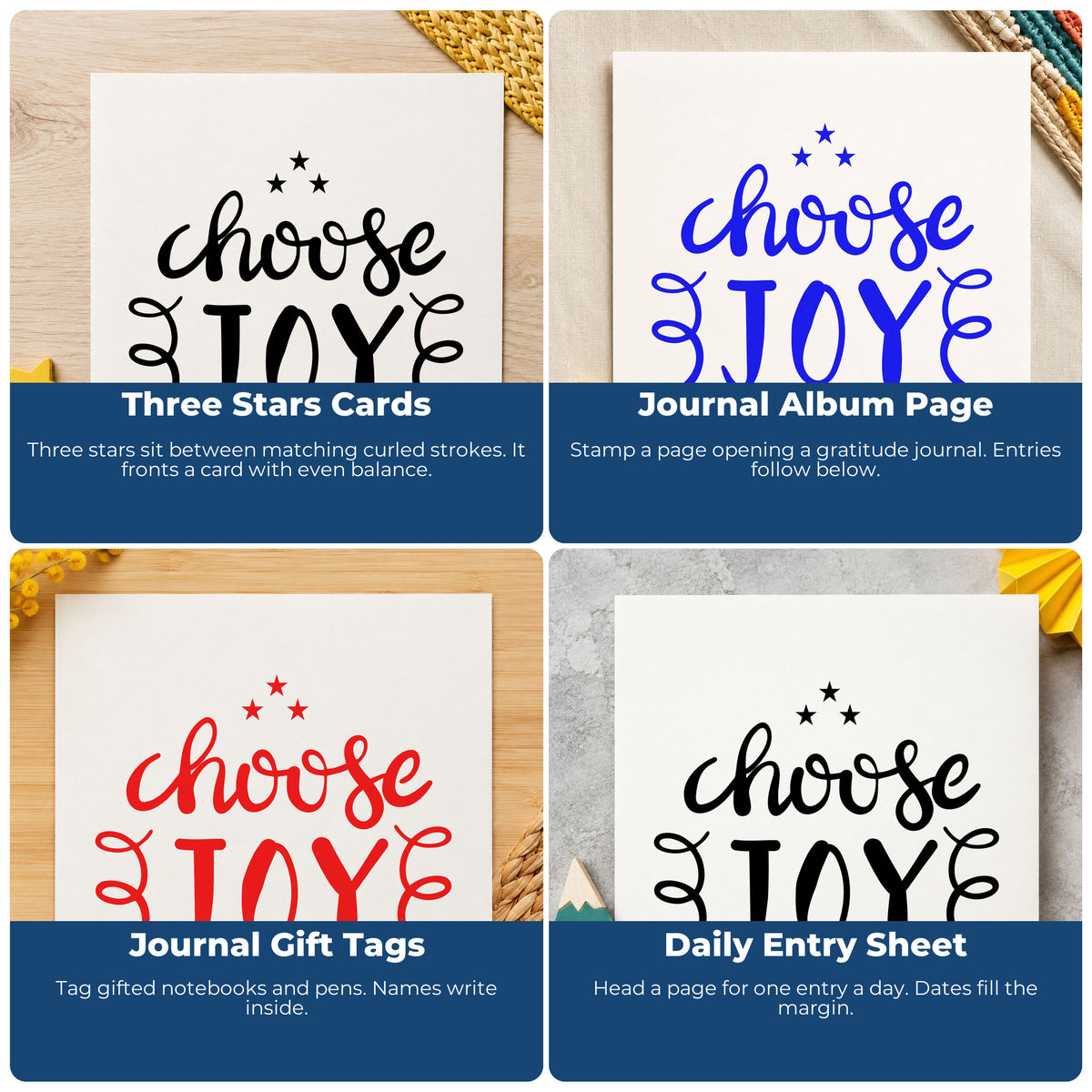 Four ways to use the Choose Joy Stars Flourishes Stamp – Slim Pre-Inked: three stars cards, journal album page, journal gift tags and daily entry sheet.