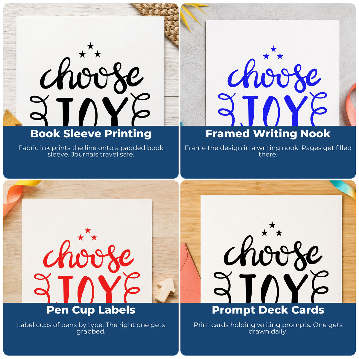 Four ways to use the Choose Joy Stars Flourishes Stamp – Self-Inking: book sleeve printing, framed writing nook, pen cup labels and prompt deck cards.