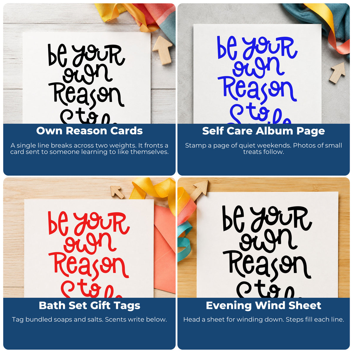 Four ways to use the Be Your Own Reason To Smile Hand Stamp – Duo: own reason cards, self care album page, bath set gift tags and evening wind sheet.