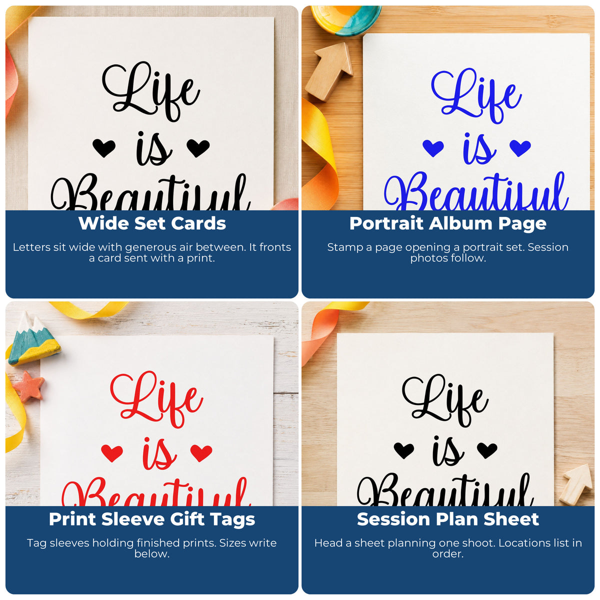 Four ways to use the Life Is Beautiful Hearts Stamp – Self-Inking: wide set cards, portrait album page, print sleeve gift tags and session plan sheet.