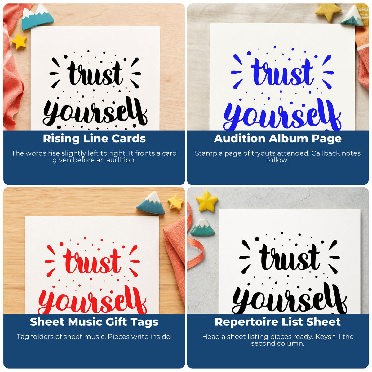 Four ways to use the Trust Yourself Dotted Word Art Self-Inking Craft Stamp: rising line cards, audition album page, sheet music gift tags and repertoire list sheet.