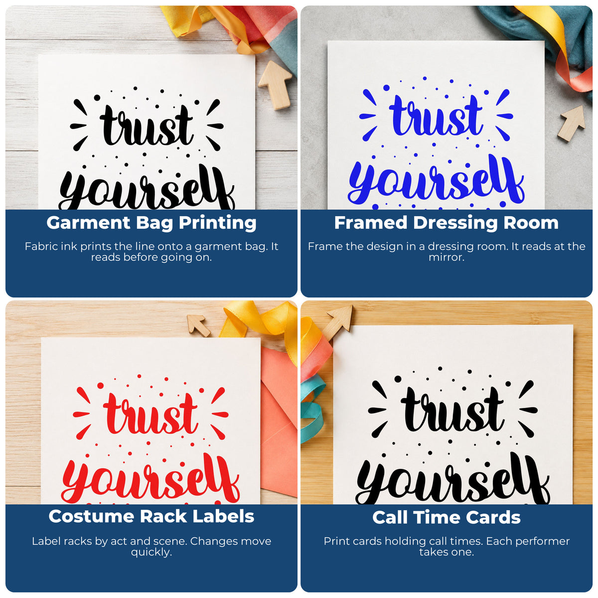 Four ways to use the Trust Yourself Dotted Word Art Self-Inking Craft Stamp: garment bag printing, framed dressing room, costume rack labels and call time cards.
