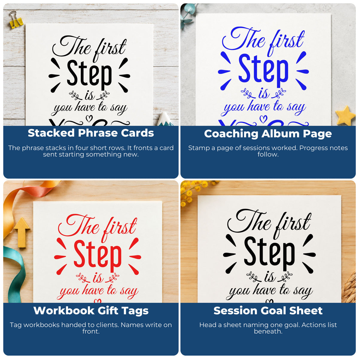 Four ways to use the First Step Say You Can Stamp – Duo Hand: stacked phrase cards, coaching album page, workbook gift tags and session goal sheet.