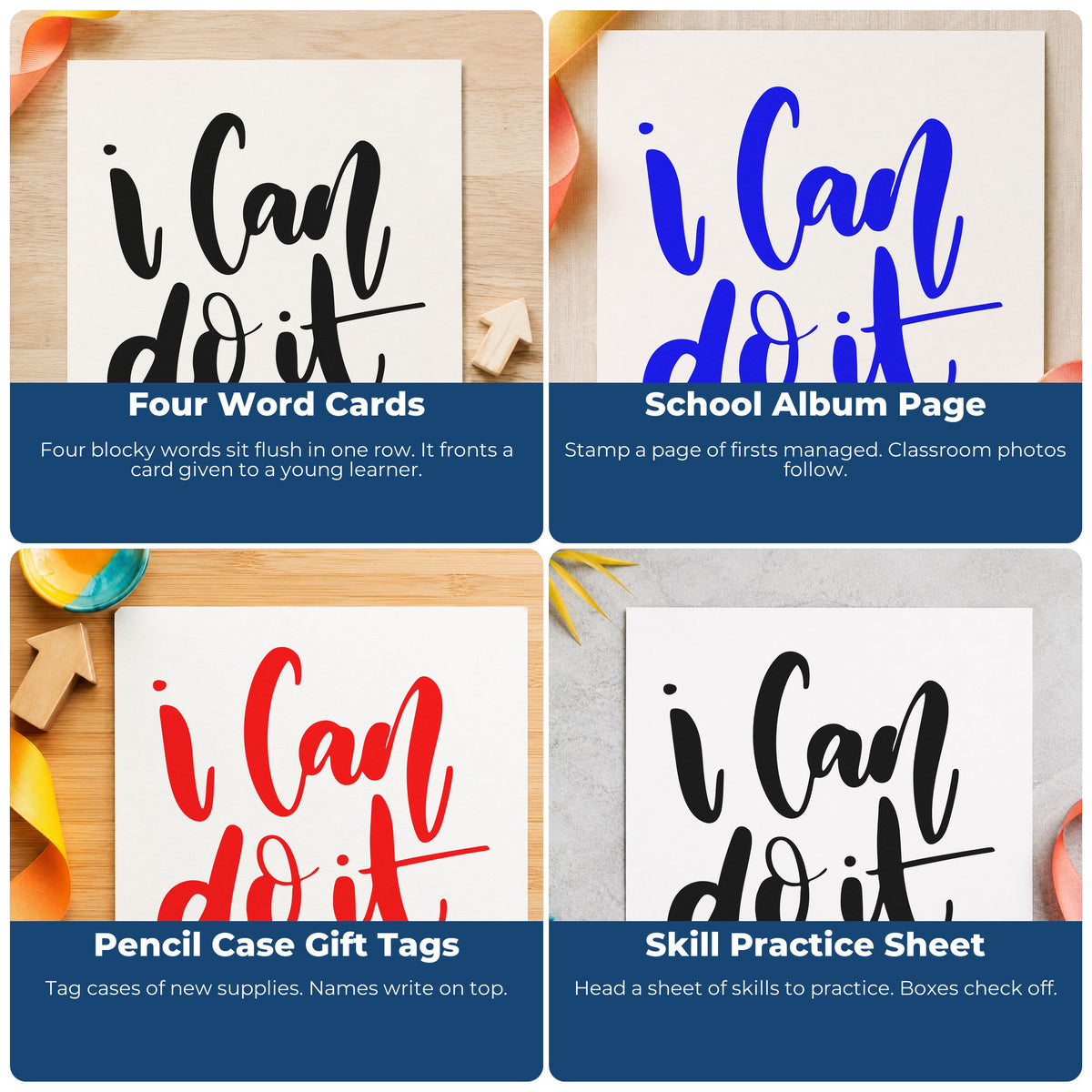 Four ways to use the I Can Do It PSI Pre-Inked Stamp: four word cards, school album page, pencil case gift tags and skill practice sheet.