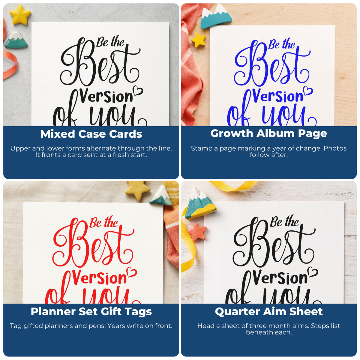 Four ways to use the Best Version Of You Wood Handle Stamp: mixed case cards, growth album page, planner set gift tags and quarter aim sheet.