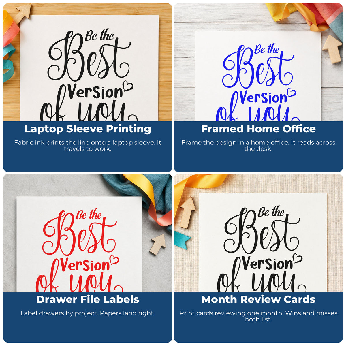 Four ways to use the Best Version Of You Slim Pre-Inked Stamp: laptop sleeve printing, framed home office, drawer file labels and month review cards.