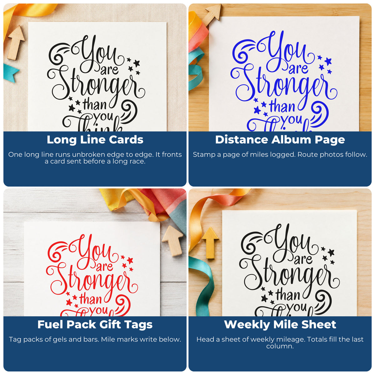 Four ways to use the PSI Pre-Inked You Are Stronger Than You Think Stamp: long line cards, distance album page, fuel pack gift tags and weekly mile sheet.