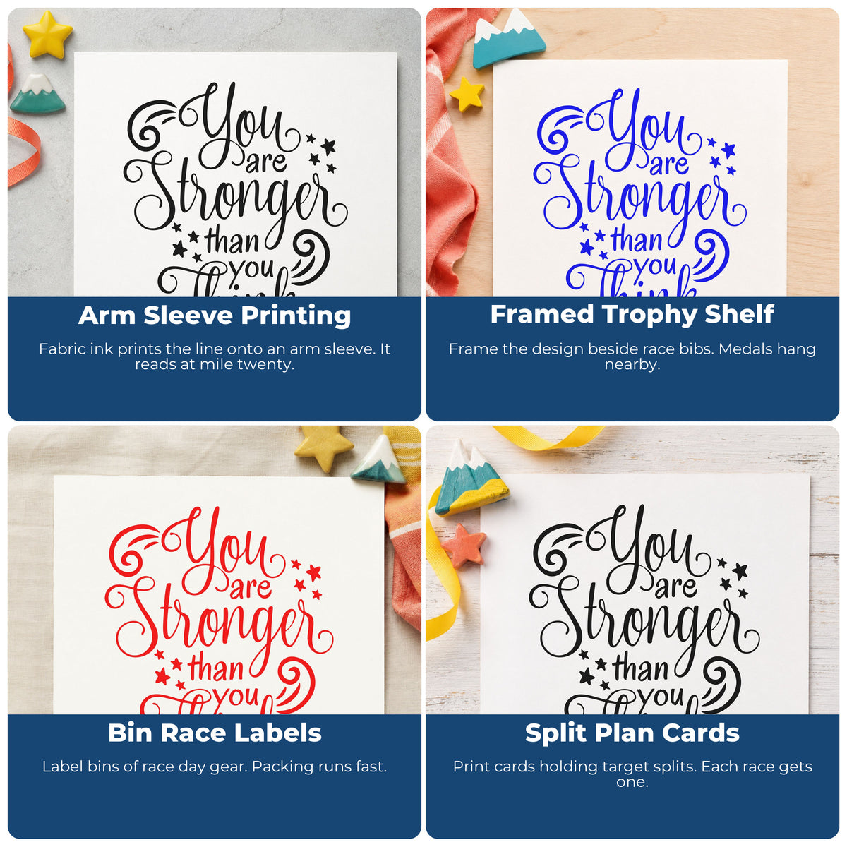 Four ways to use the Vintage Pro You Are Stronger Than You Think Premium Wooden Stamp: arm sleeve printing, framed trophy shelf, bin race labels and split plan cards.