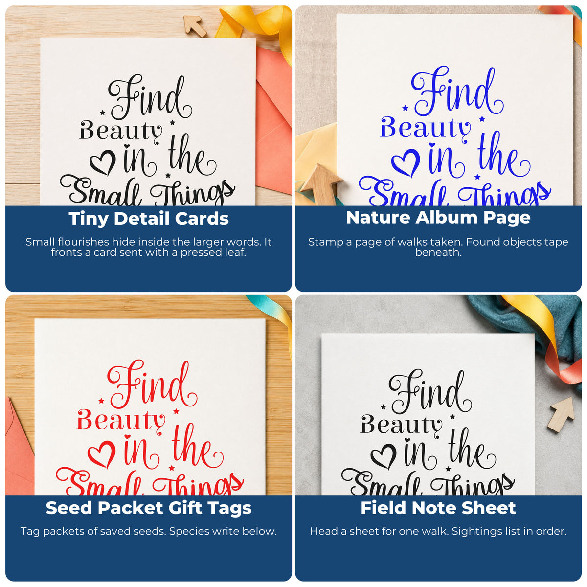 Four ways to use the Find Beauty In Small Things Wood Handle Stamp: tiny detail cards, nature album page, seed packet gift tags and field note sheet.
