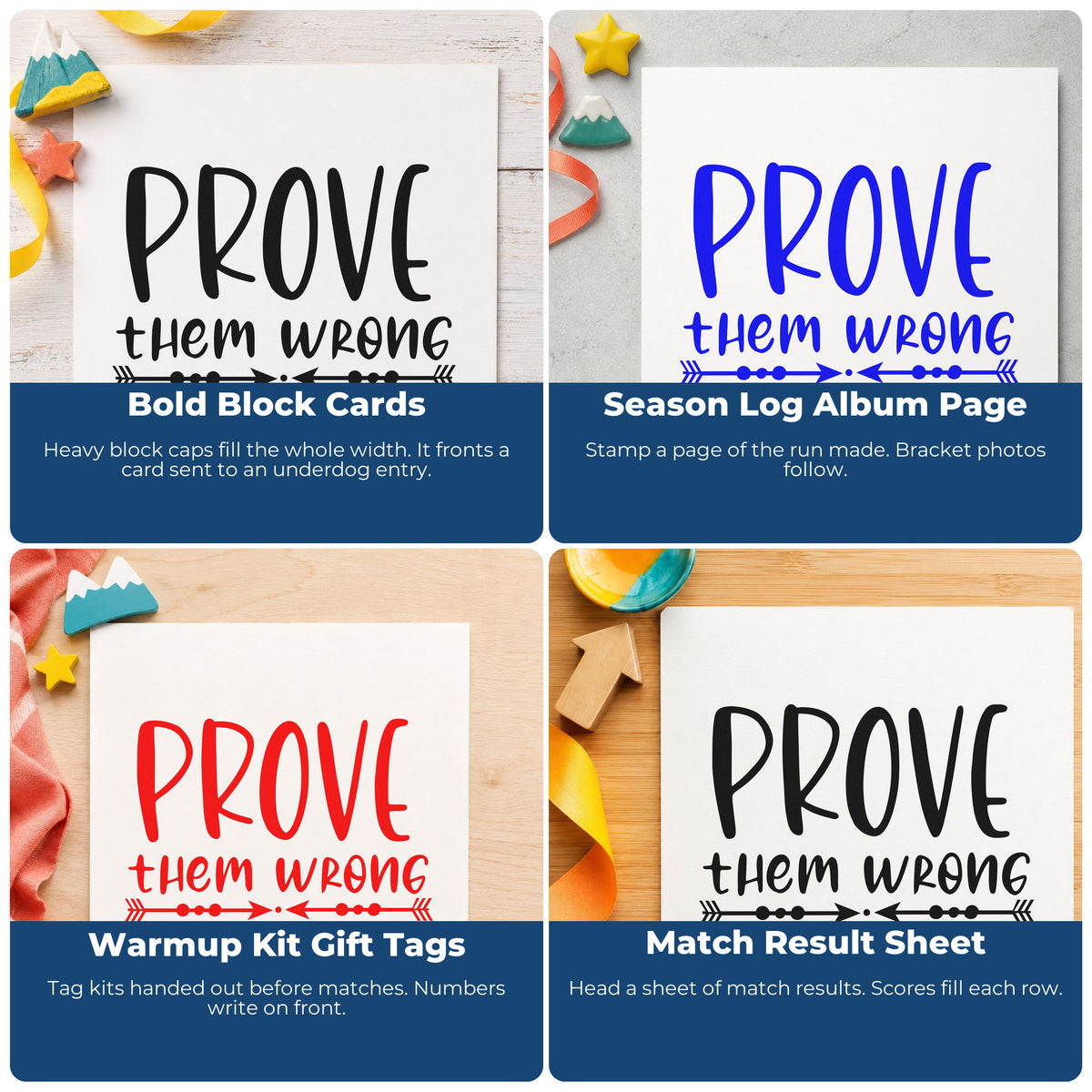Four ways to use the Inward Arrows With Prove Them Wrong Pre-Inked Stamp – PSI: bold block cards, season log album page, warmup kit gift tags and match result sheet.