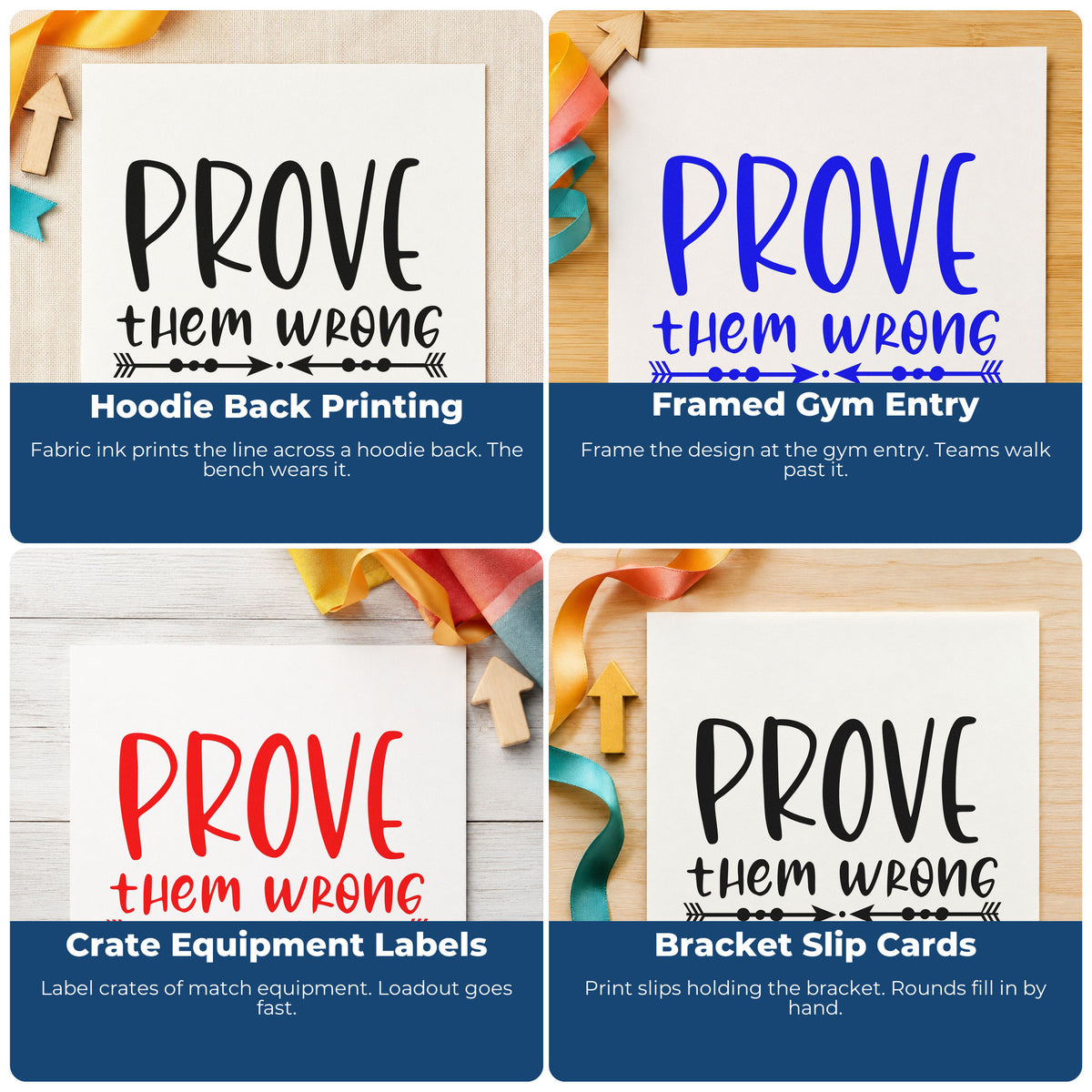 Four ways to use the Inward Arrows With Prove Them Wrong Pre-Inked Stamp – PSI: hoodie back printing, framed gym entry, crate equipment labels and bracket slip cards.