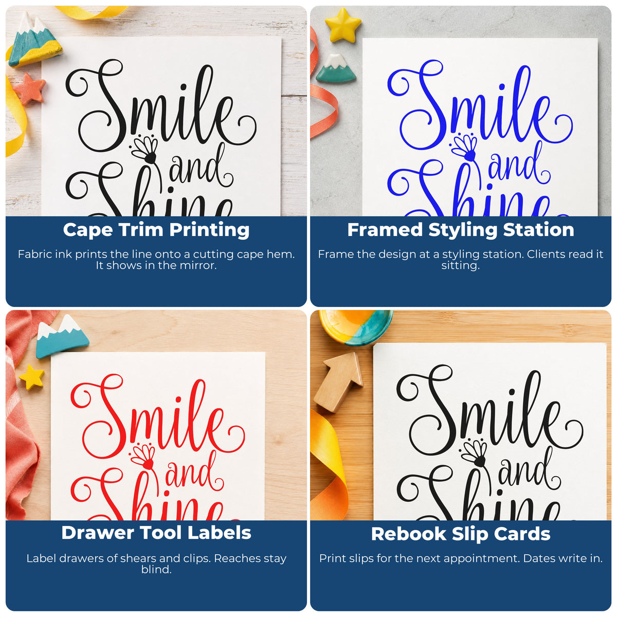 Four ways to use the Smile And Shine Flower Hand Stamp – Duo: cape trim printing, framed styling station, drawer tool labels and rebook slip cards.
