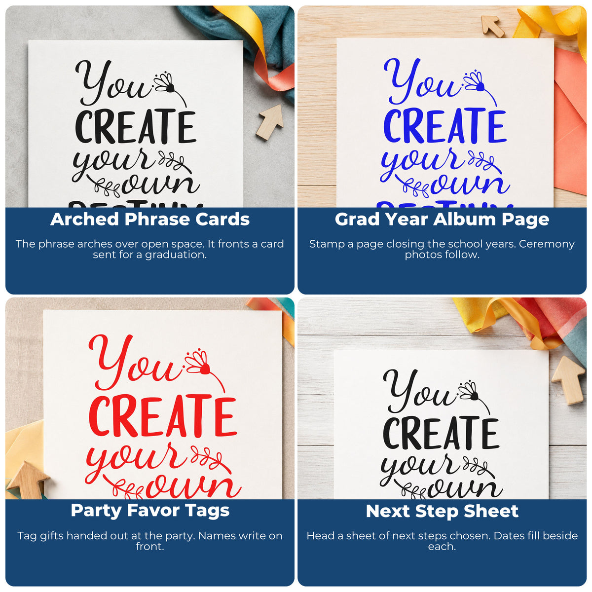 Four ways to use the Create Your Own Destiny Self-Inking Stamp: arched phrase cards, grad year album page, party favor tags and next step sheet.