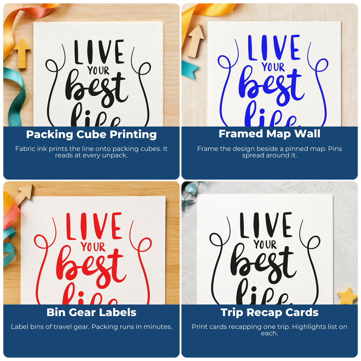 Four ways to use the Live Your Best Life Lettering Premium Wooden Stamp - Vintage Pro: packing cube printing, framed map wall, bin gear labels and trip recap cards.