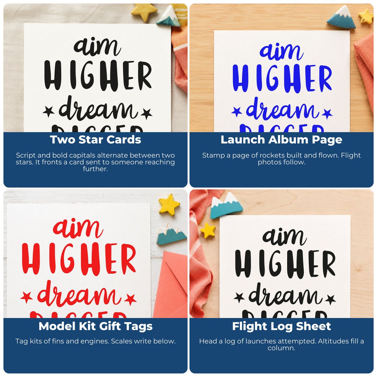 Four ways to use the Aim Higher Dream Bigger Stamp – Self-Inking: two star cards, launch album page, model kit gift tags and flight log sheet.