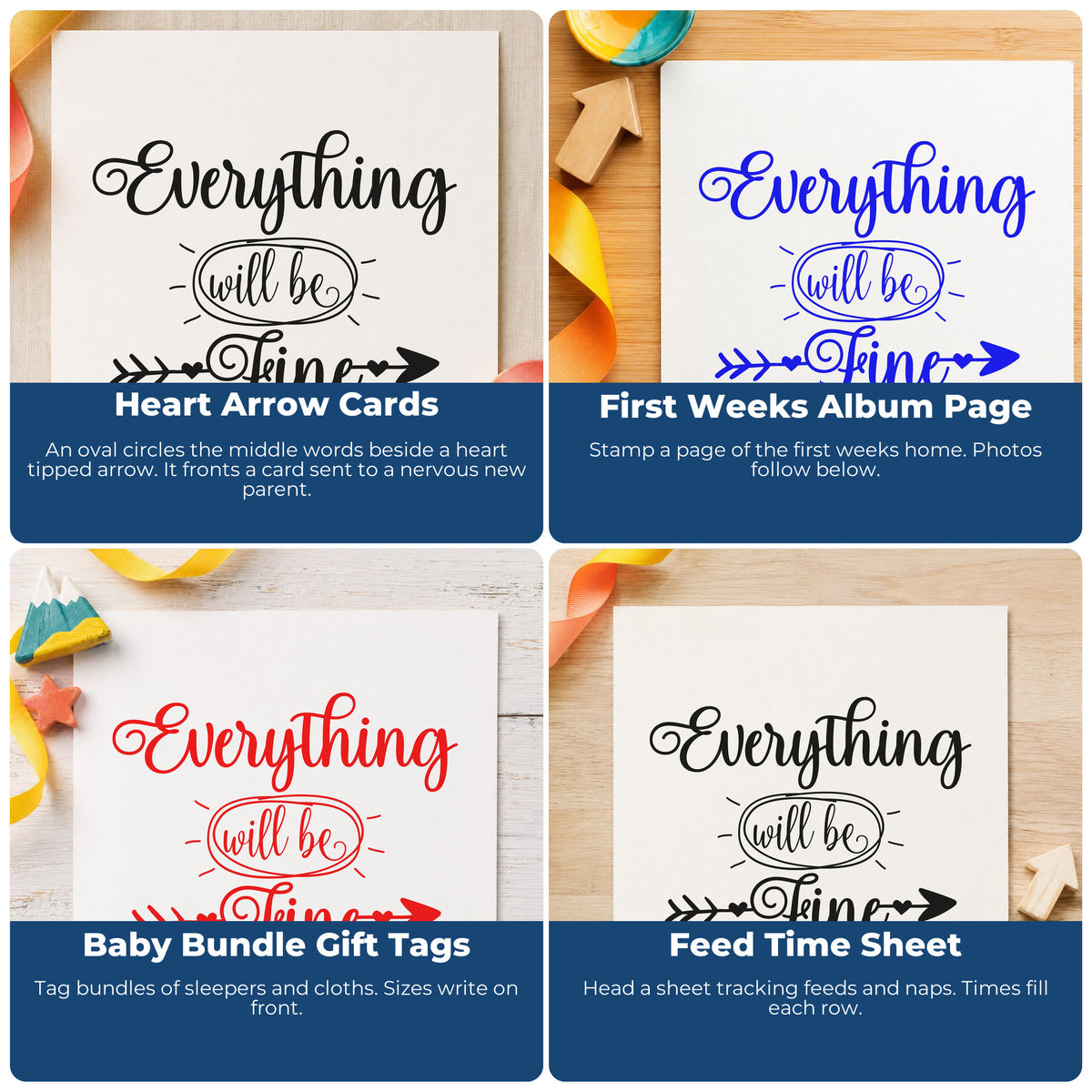 Four ways to use the Duo Hand Everything Will Be Fine With Hearts Rubber Stamp: heart arrow cards, first weeks album page, baby bundle gift tags and feed time sheet.